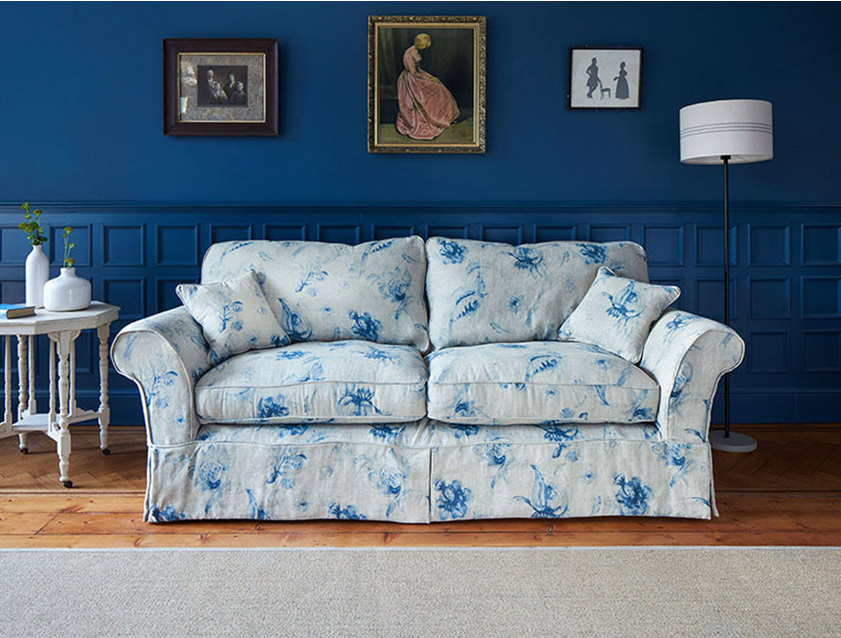 Lanhydrock Sofa in Floral Linen Lela Mystery Indigo